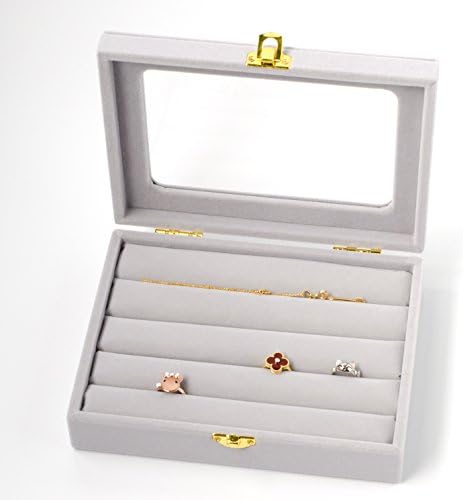Buir Finer Things Velvet Jewelry Box, Clear Glass Top for Jewelry Display and Metal Buckle Closure – 3 Color Options (Dove Grey)
