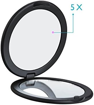 AlierKin Portable Travel Mirror - 1X and 5X Magnifying Mini Round Handheld Makeup Mirror Perfect for Pocket Purses (Black)