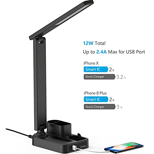 Drevet LED Desk Lamp with Pen Holder, Study Table Light with USB