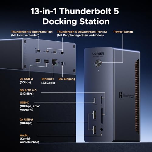 UGREEN Thunderbolt 5 Dock 3X TBT5 120Gbps, 140W Charging Docking Station | Revodok Max 13-in-1 Single 8K@60Hz & Dual 6K@60Hz Display, 2.5Gbps Ethernet, micro SD&SD 4.0, 3.5mm Aux