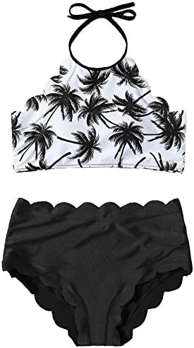 TeeDoc Womens Coconut Palm Tree Print High Neck Two Piece Swimsuit Cute Bikini (M US2-4, Black)