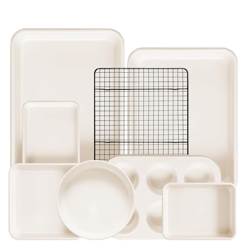 8-Piece Non-stick Baking Pans Set – Stackable Bakeware Set for Kitchen, Carbon Steel Baking Set with Cookie Sheet, Roasting Pan, Cake Pan, Muffin Pan, Cooling Rack, Baking Essentials Supplies