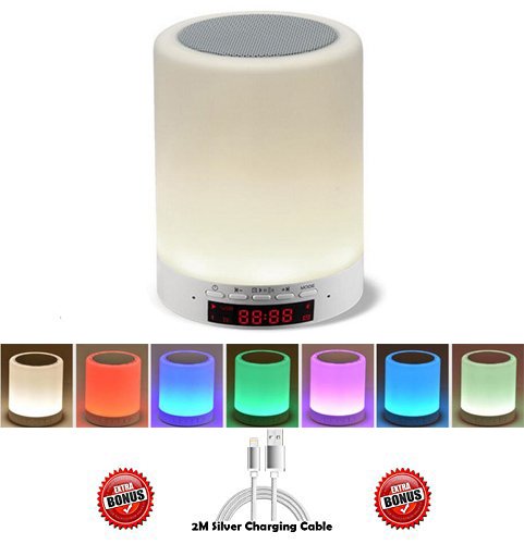CoolKo Long Lasting Energy Saver LED Bedside Lamp with Touch Control, Alarm Clock, Bluetooth Wireless Speaker, Music Player, Call Hands Free, Dimmable and Portable with Bonus 2 Meter Charging Cable
