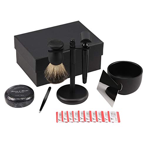 Matte Black Shaving Kit Gift for Men - Shaving Stand,Long-Handled Safety Razor,Shaving Brush,Shaving Bowls,Shaving Soap,Unbreakable Mirror and 10 Replacement Blades