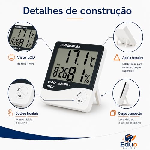 Termômetro Higrômetro Digital HTC-1 — Medidor de Temperatura e Umidade com Relógio, Alarme e Memória Máx/Mín | Display LCD Grande para Casa, Escritório, Quarto de Bebê e Estufa