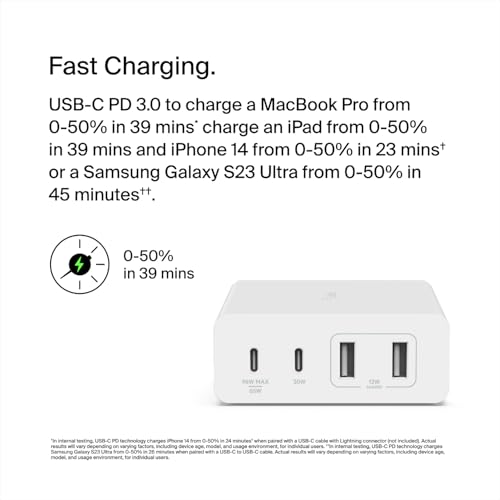 Belkin 4-Port Charger Block 108W - GaN Charger, Multi-Port w/ USB-C PD Fast Charge & USB-A Ports for Apple MacBook, iPhone 16, Samsung Galaxy S25, Google Pixel, Nintendo Switch 2 & More - White
