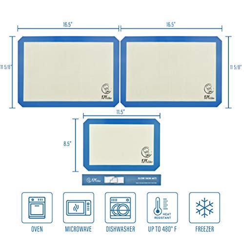 Silicone Baking Mat Sheet Set - 2 x Half Sheet Cookie Cooking Mats + Quarter Sheet Baking Sheet - Nonstick, Nontoxic & Mess-Free Silicon Oven Sheets - No Fillers - Microwave, Freezer & Dishwasher Safe