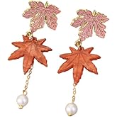 Thanksgiving Fall Maple Leaf Dangle Drop Earrings for Women Cute Colorful Leaf Imitation Pearl Lightweight Earrings Autumn Holiday Jewelry
