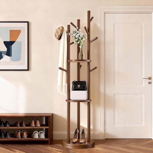 Solid Wood Rotary Coat Rack Freestanding with 3 Storage Shelves & 9 Hooks, Coat Tree for Entryway, Livingroom, Bedroom, Coat Hanger Stand for Coats, Scarves, Handbags, Hat