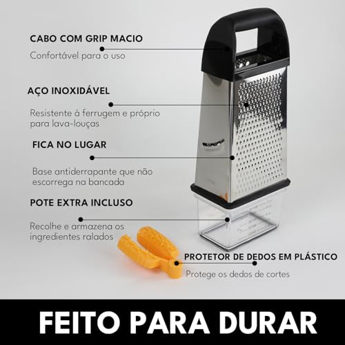 LUMAI Ralador e Fatiador de Aço Inox Premium com Cesto Coletor com Medidas de Cozinha, Inclui Protetor de Dedos, Cabo para Longa Durabilidade, Utensílio de Cozinha para Queijos, Cenouras, Legumes