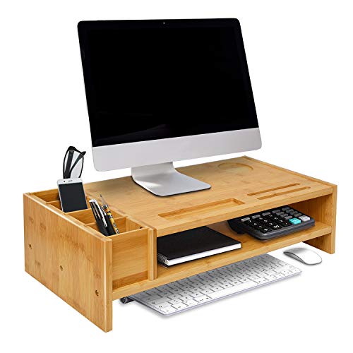 WAYTRIM 2-Tier Bamboo Monitor Stand, Wood Computer Monitor Riser, Wooden Desk Organizers with Adjustable Storage Accessories Shelf for iMac, Laptop, Printer