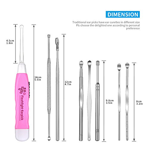 Earwax Pick Removal Tool 11 Pcs , HOOFUN Stainless Steel Ear Curette Kit Led Light Hygiene Care Sets With Storage Box