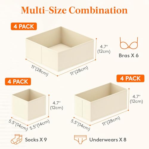 Beauenty Drawer Organizer, 12 Pack Closet Organizers and Storage, Underwear Organizers, Foldable Dresser Dividers, for Underwear, Socks, Clothes, Bras, Pants, Jeans(Beige) (12)