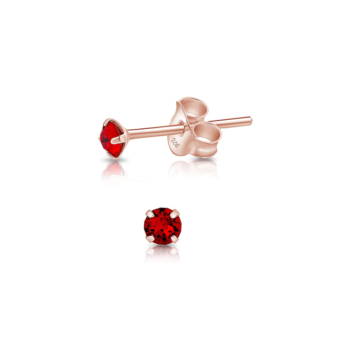 DTPSilver - 925 Sterling Silver Rose Gold plated Round TINY Stud Earrings made with Glittering Crystals from Swarovski® Elements - Diameter: 3 mm - Colour : Red Light Siam