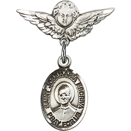 Sterling Silver Baby Badge with St. Josemaria Escriva Charm and Angel w/Wings Badge Pin 7/8 X 3/4 inches