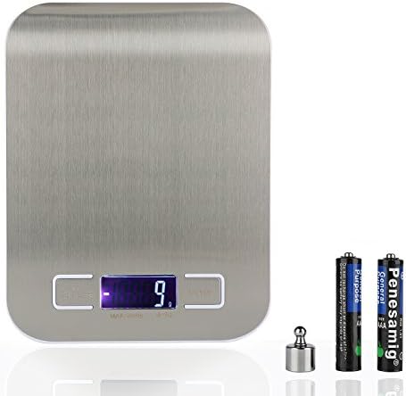 Digital Kitchen Scale, Stainless Steel Food Scale LCD Display and Tare Function, Electronic Cooking Scale, 11 lb/0.05oz, with 10g Calibration Weights