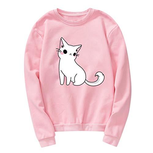 New Respctful✿ Women Long Sleeve Pullover top Cute Cartoon Cat Print Color Block Pullover Sweatshirt
