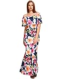 VintageRose Elegant Flowers Off Shoulder Ruffle Plain Bodycon Long Party Maxi Dress