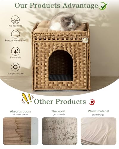 NIUB Cat Litter Box Enclosure Furniture, Hidden Litter Box with Mat and Fence, Handwoven Rattan Cat House with Two S-Shaped Hooks for Living Room, Bedroom, 18.5 x 20.5 x 19.1 Inches