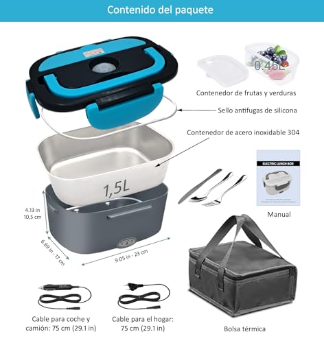 JessyLine Professional and Elegant Portable Electric Lunch Box 80W 12V/24V/220V Multifunction Car Truck Office Heat Fast Food Taper Container Stainless Steel 1.5L Simple Black and Light Blue