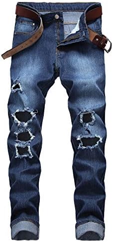 JOSONEY Men's Blue Ripped Skinny Jeans Slim Straight Fit Stretch Denim Cotton Jeans with Holes