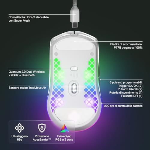 Aerox 3 Wireless - Mouse Gaming - RGB traforato - Design ultraleggero e resistente all'acqua - Sensore ottico TrueMove Air da 18K DPI - Snow
