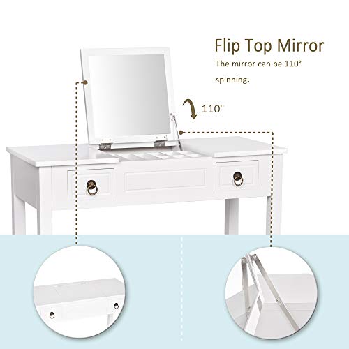 Amooly Vanity Set with Flip Top Mirror Makeup Dressing Table Writing Desk with 2 Drawers Cushioned Stool 3 Removable Organizers Easy Assembly