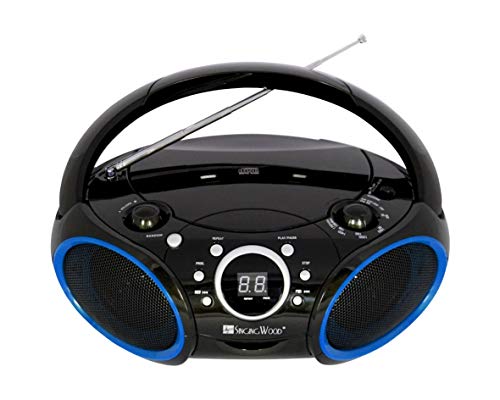 SINGING WOOD Portable CD Player AM FM Radio with Aux Line in, Headphone Jack, Foldable Carrying Handle (Black with a Touch of Blue Rims)