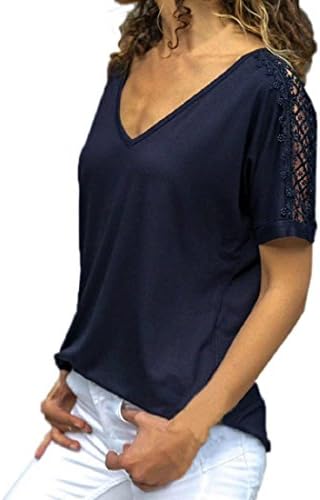 GONKOMA Womens Tops Clearance Sale Womens Casual Short Sleeve V Neck Blouse T-Shirts Lace Patchwork Shirt Tops