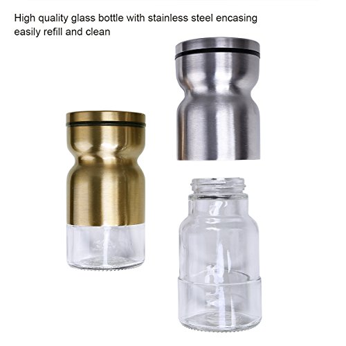 Salt and Pepper Shakers with Stand,GONGSHI Spice Shakers,Brushed Stainless Steel Encasing with Adjustable Pour Holes,Set of 2 (Silver and Gold)