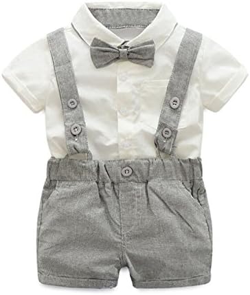 FIZUOXVE Baby Boys Summer Short Sleeve Bowtie Shirt and Lattice Strap Short Pants Gentleman Outfits 6-12 Months