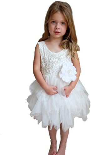 Flower Girl Dress - Lace with Pink or White Chiffon Tulle Tutu (12 Month, White)