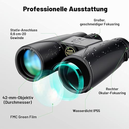 Fernglas 12x42 HD Kompakte Ferngläser wasserdicht für Vogelbeobachtung, Jagd, Wandern, Sightseeing, FMC-Linse Feldstecher inkl. Tragetasche, Tragegurt und Smartphone-Adapter