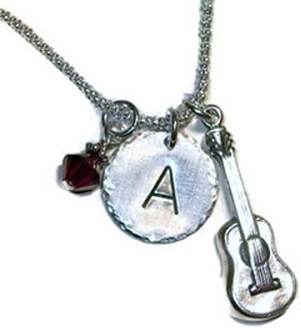 Guitar Hand Stamped Sterling Silver Initial Charm Necklace