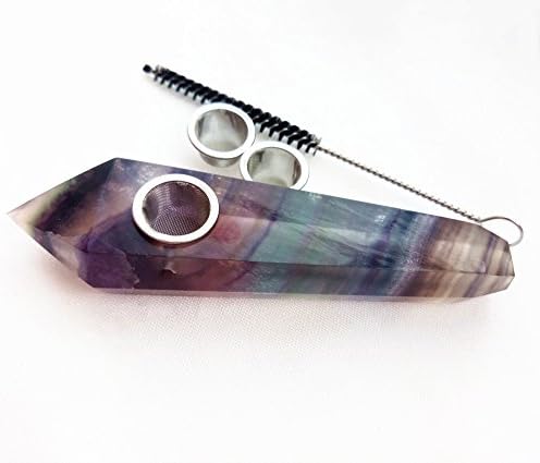 Acsdvocate Handmade Six Prismatic purple flourite crystal point wand gemstone quartz wand healing with 3pcs metal filter and 1pcs brush 3.8-4.3inch