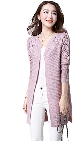 KUBITU Womens Boyfriend Stripe Open Front Hollow Out Lightweight Long Cardigan Medium Lilac