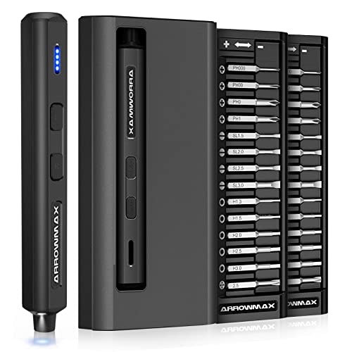 Electric Screwdriver- AM ARROWMAX Cordless Precision Screwdriver Set with 28 Magnetic Precision Bits, Rechargeable Portable Repair Tool Kit for Electronics Laptops Glasses Clocks (SES MINI), Black