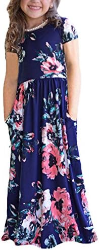 COONITA Girls Floral Printed Short Sleeve Empire Waist Maxi Long Pockets Dress in 4 Colors,12 Years Navy