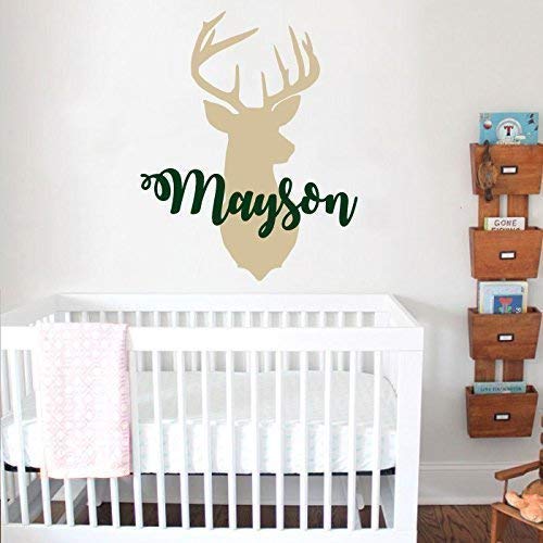 Personalized Deer Antlers Name Wall Decal. Hunting Themed Woodland Nursery Decor. Deer Head Wall Vinyl Sticker. Rustic Nursery Kids Decor F6