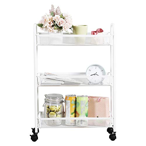 DESIGNA Rolling Household Trolley Cart, 3 Tier Slim Utility Carts with Steel Wire Shelves, Mesh Storage Cart with Easy Moving Wheels for Home Kitchen Bathroom, Multi-Function, White