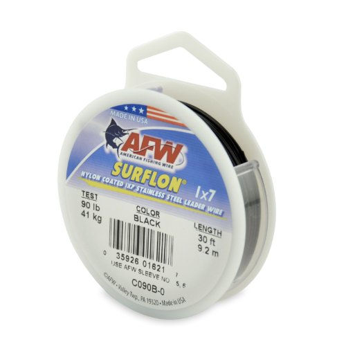 American Fishing Wire Surflon Nylon Coated 1x7 Stainless Steel Leader Wire, Black Color,90 Pound Test, 30-Feet