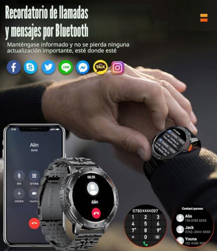 ESFOE Men's Smart Watch, 1.43 inch AMOLED Smartwatch Military Man with LED Flashlight/530mAh/5ATM Waterproof/Calls/120 Sports Modes/Heart Rate Monitor/Pedometer Android iOS Black