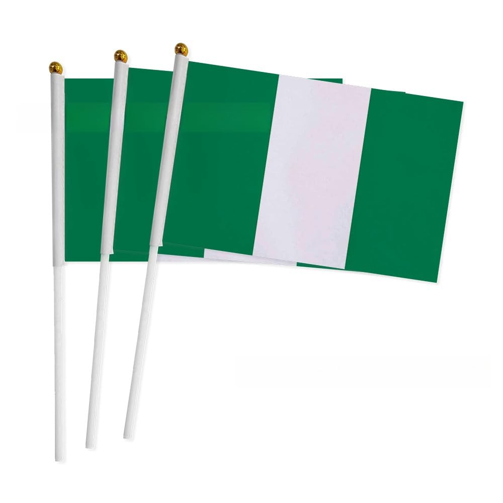 50Pcs Small Nigerian Flag on Stick 14x21cm Mini Waving Nigeria Plastic Flagpole Single Side Flags Parade International Festivals Party Decoration Supplies Election Support — image 1