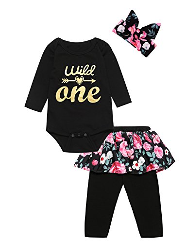 3PCS Outfit Long Set Baby Girls Floral Shirt + Pants + Headband (6-12 Months, Wild One Long)