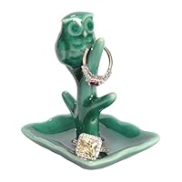 Beth Marie Luxury Boutique Owl Ring Holder with Tree Display Dish, Cute Teal Ceramic Engagement and Wedding Ring Holder