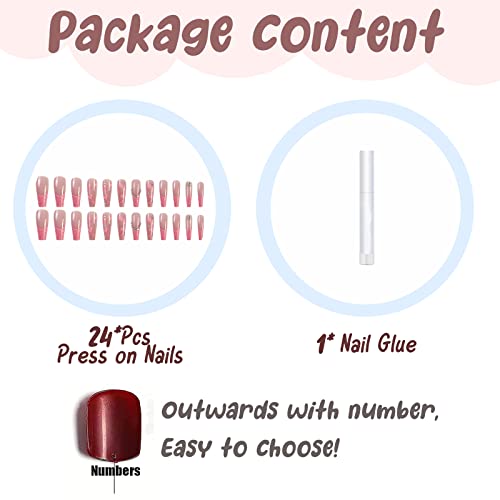 BABALAL Coffin Press on Nails Long Fake Nails Pink French Glue on Nails Shiny Rhinestone Acrylic Nails Heart Ballerina Stick on Nails 24Pcs Valentine's Day False Nails for Women and Girls - Image 4
