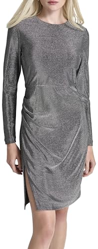 DKNY Women's Long Sleeve Jewel Neck Ruche Dress, Black/Silver, Size 42, Black/Silver, 16