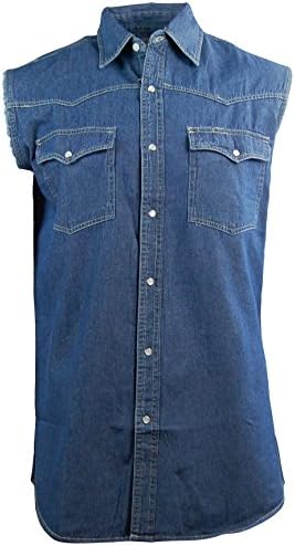 Canyon Guide Men's Sleeveless Denim Biker Shirt; Western Snap Front (Large, Dark)