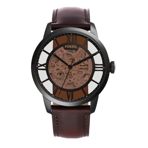 Reloj para hombre Townsman, movimiento automático, caja de acero negro de 44mm con correa de piel, ME3098, 44MM, Marrón Oscuro