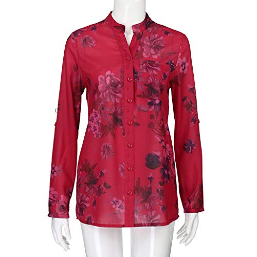 ANJUNIE Women Flower Printing Blouse with Pocket,Long Sleeves Notch Neck Tunic Top Shirt(Red,L)